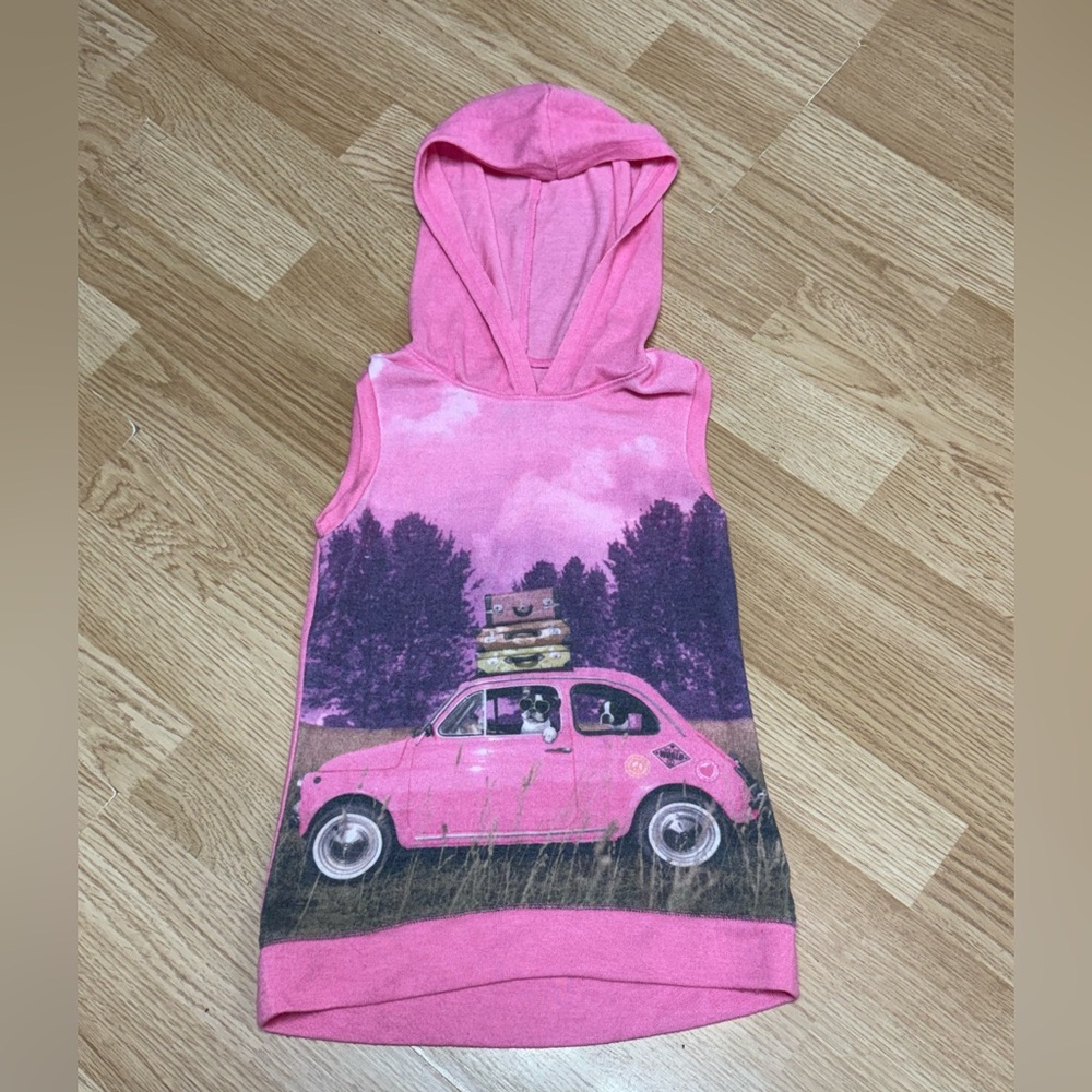 Justice Girls Size 5 Pink Sleeveless Hooded Top Graphic Car Casual Lightweight